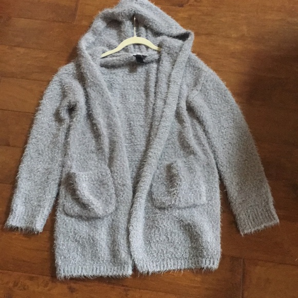 Medium Sweater Gray Teddy Bear Soft Hooded Lounge Open Cardigan - Picture 4 of 8